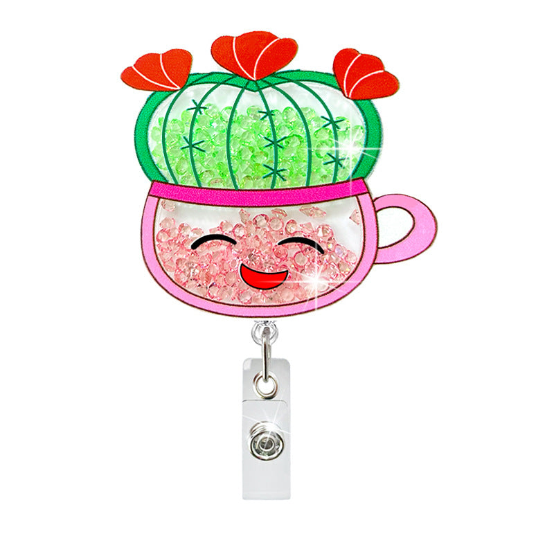 Wholesale Badge Reels Cactus Acrylic Quicksand Retractable Keychain